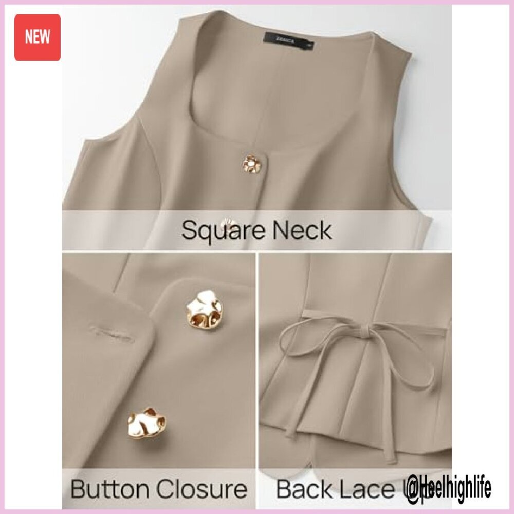 Sleeveless Suit Vest Square Neck Button Down Blazer Waistcoat Women's Work - Picture 7 of 8